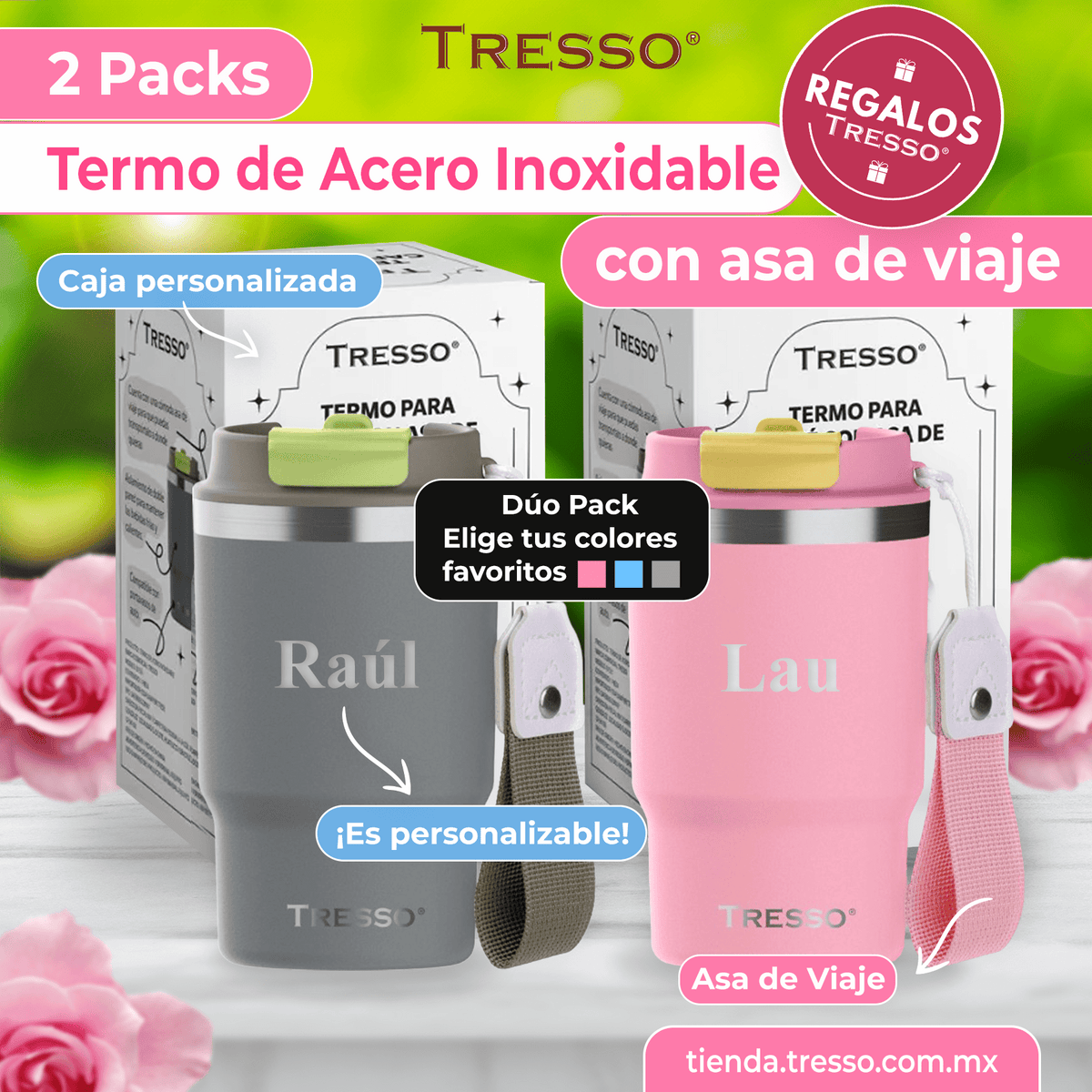 2 pack termo de acero inoxidable con asa de viaje - TRESSO®