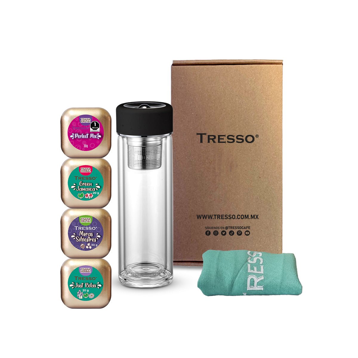 Kit de té con botella de vidrio doble pared con filtro magnético - TRESSO®